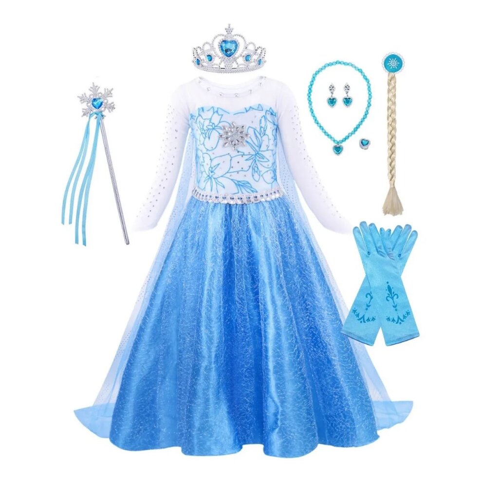 (9~10 Years) Girls Princess Dress Frozen Snow Queen Princess Elsa Dress for Girls Fancy Dress for Wedding, Party, Christmas Pageant, Cosplay-crown-jewelry scepter wig  blue gloves