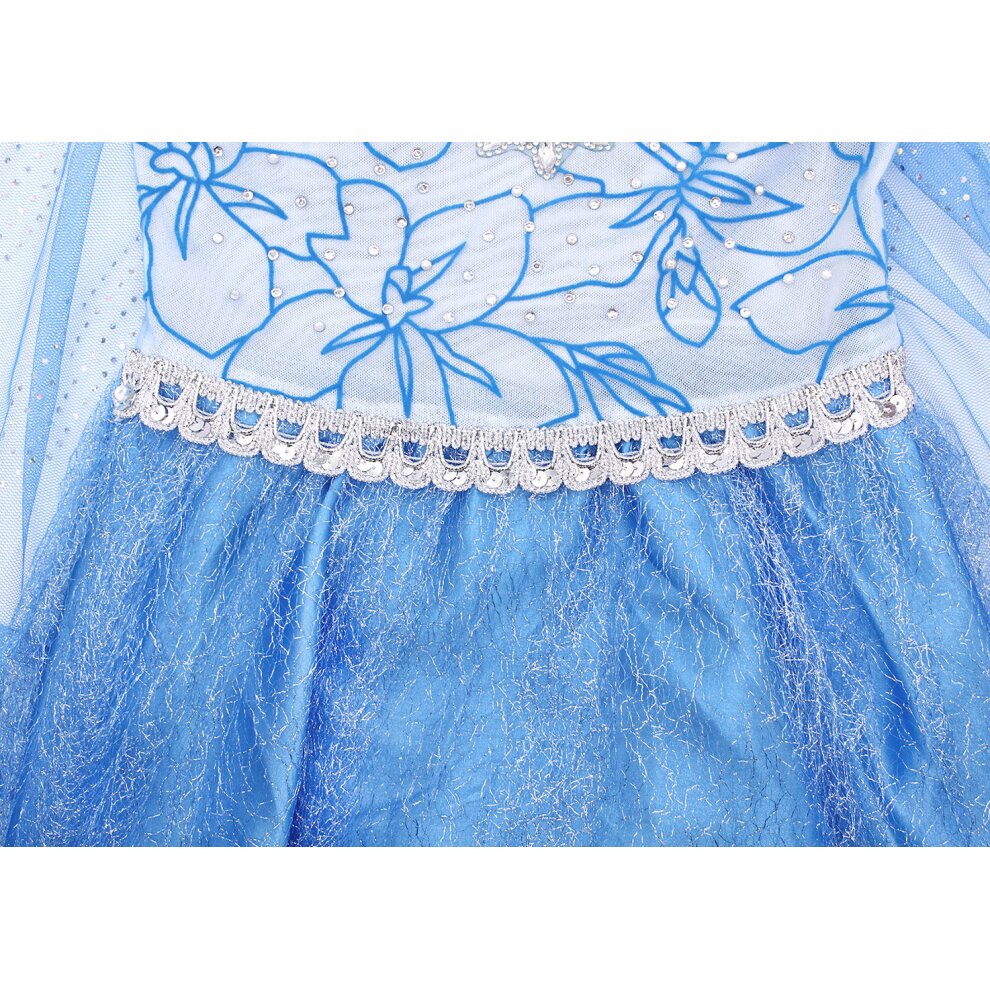 (9~10 Years) Girls Princess Dress Frozen Snow Queen Princess Elsa Dress for Girls Fancy Dress for Wedding, Party, Christmas Pageant, Cosplay-crown-jewelry scepter wig  blue gloves