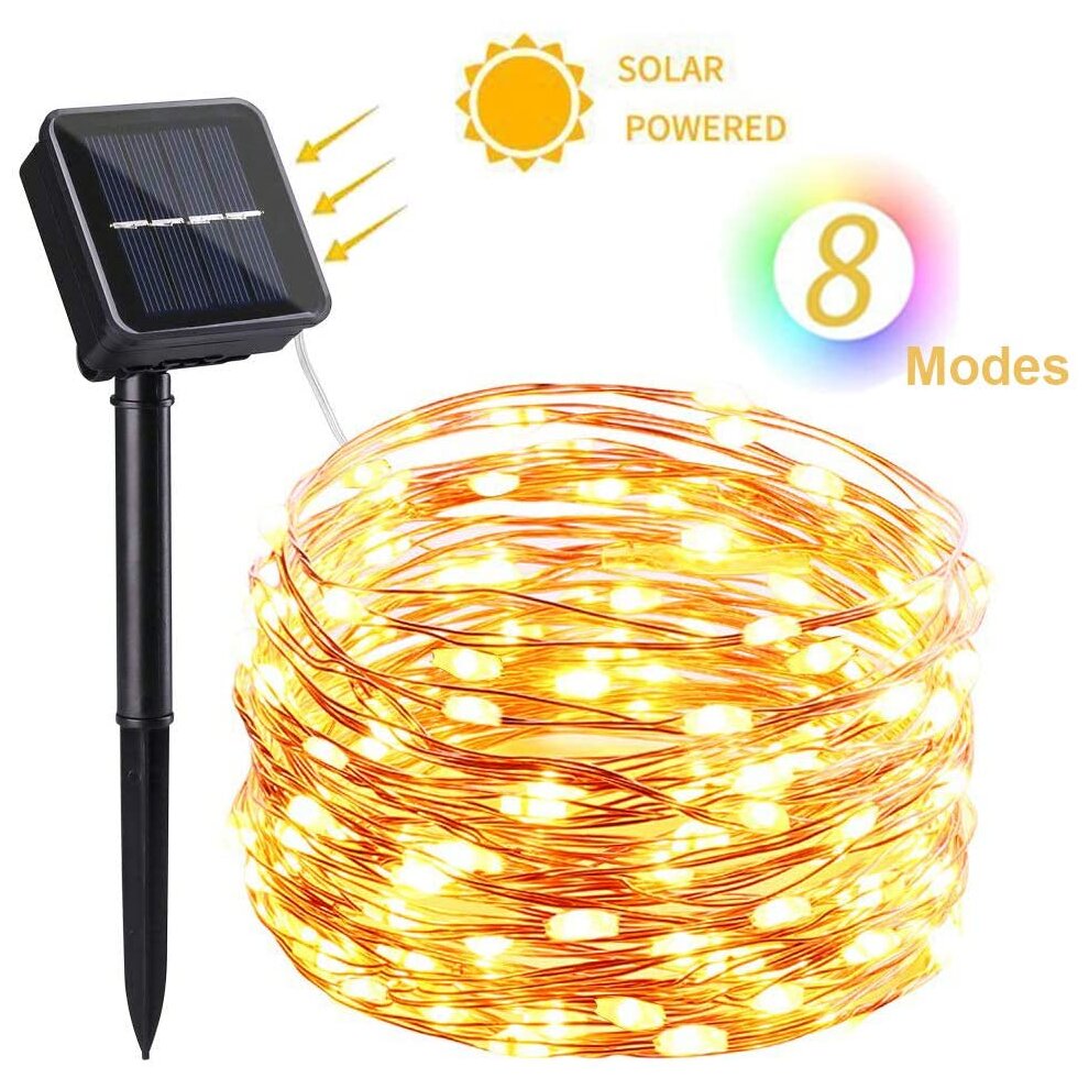 33ft 100 LED Solar-Powered String, 8 Twinkle Modes Warm White Fairy Lights
