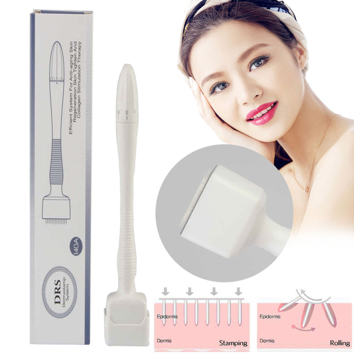 Derma Roller DRS140 Stamp Adjustable Needle Length Microneedle Therapy Beauty Derma Rolling System Skin Care Tools for Anti Aging Wrinkle Hair Loss Beard Growth