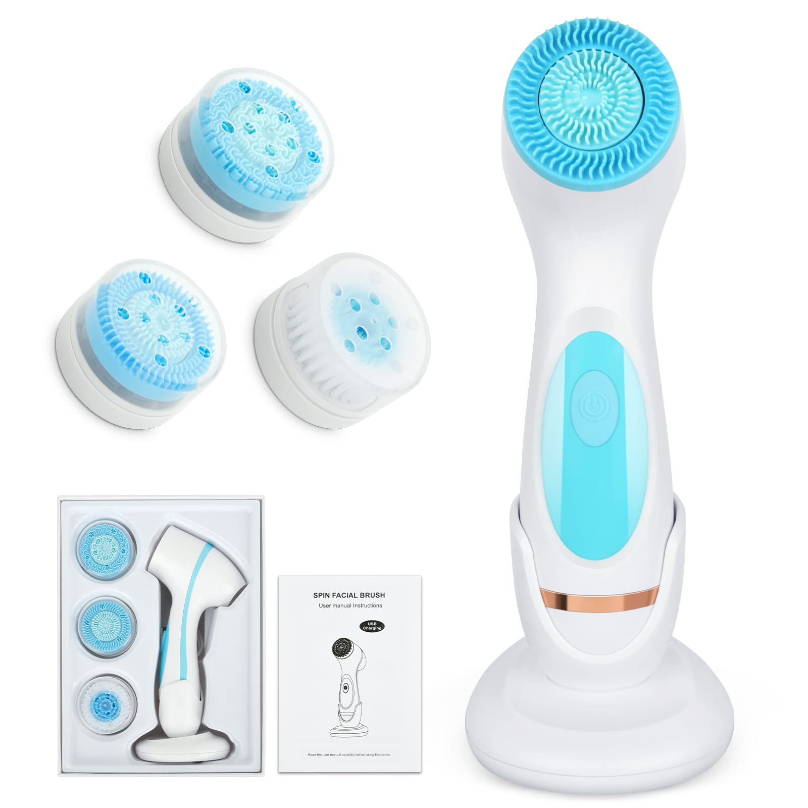 (Blue) Facial Cleansing Brush Electric USB Charging Multi-Function Face Washing Instrument Silicone Face Brush Sonic Cleansing Brush