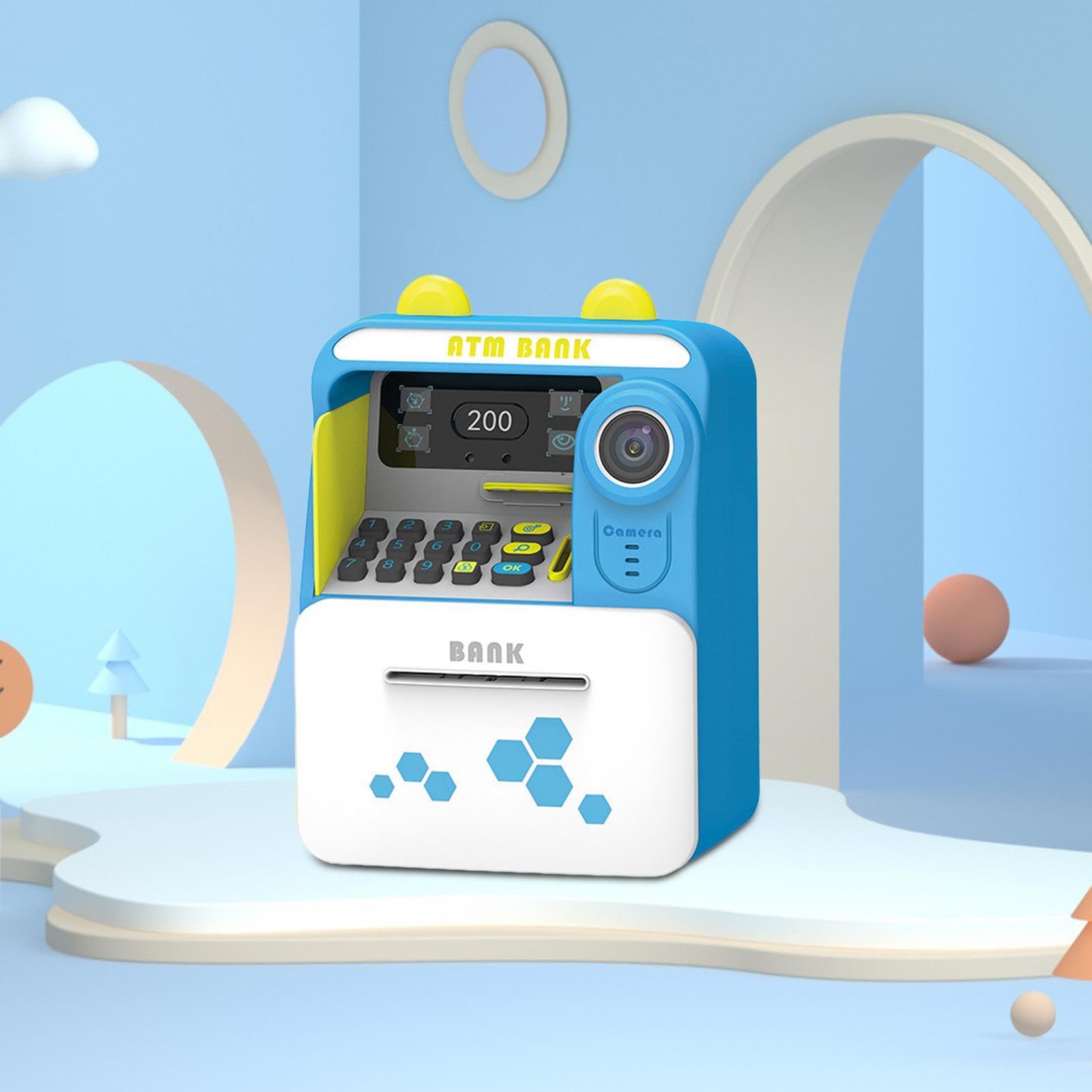 (Blue) Electronic ATM Saving Machine Automatic Scroll ATM for Kids Piggy Bank with Face Recognition Festival