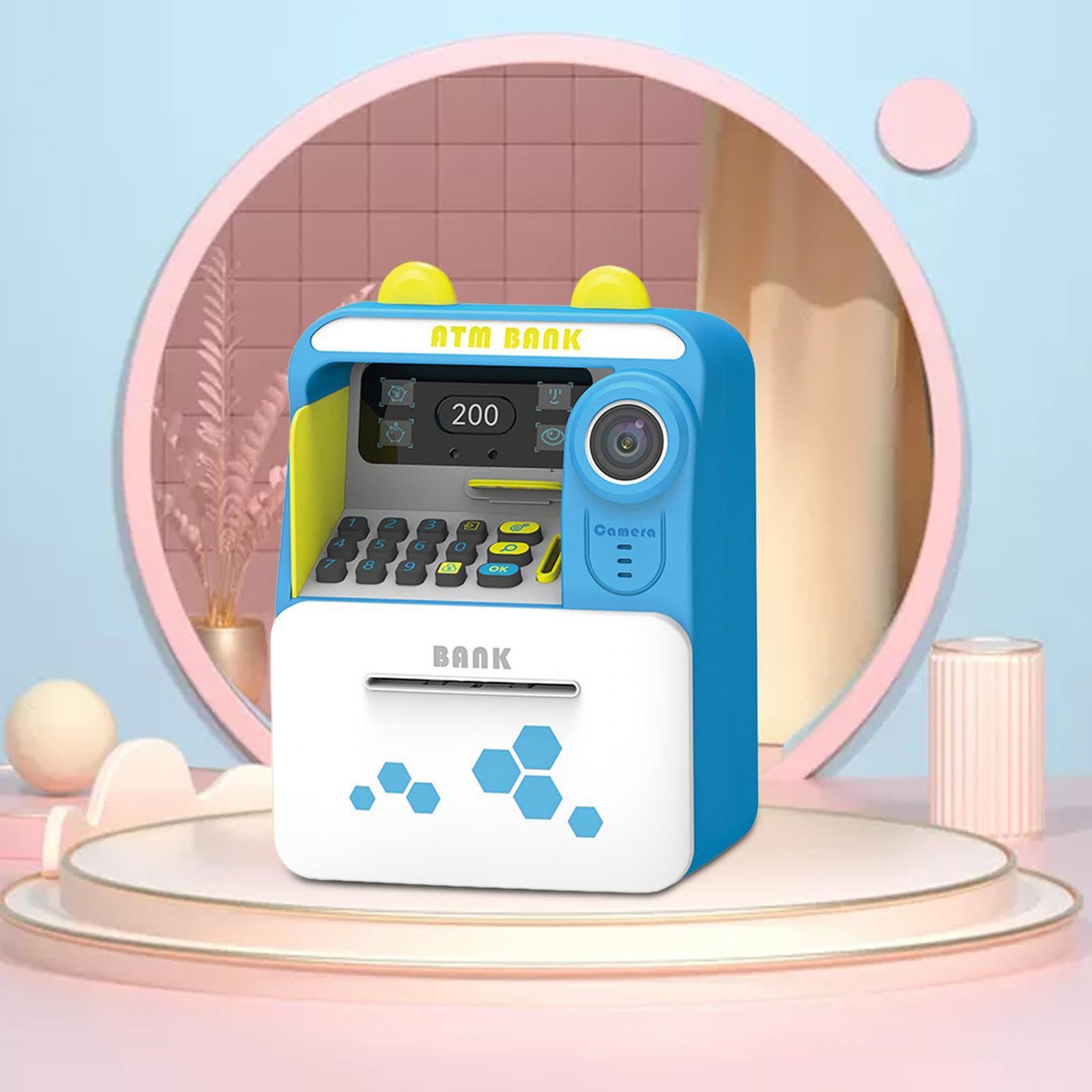 (Blue) Electronic ATM Saving Machine Automatic Scroll ATM for Kids Piggy Bank with Face Recognition Festival