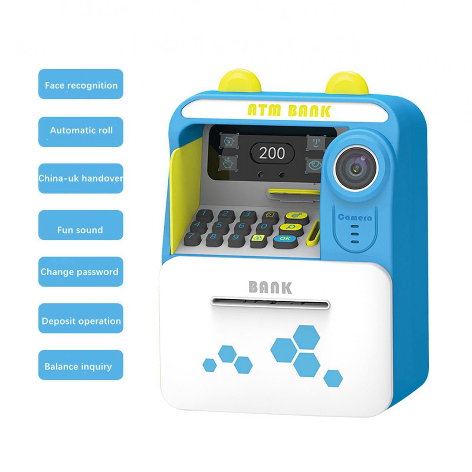 (Blue) Electronic ATM Saving Machine Automatic Scroll ATM for Kids Piggy Bank with Face Recognition Festival