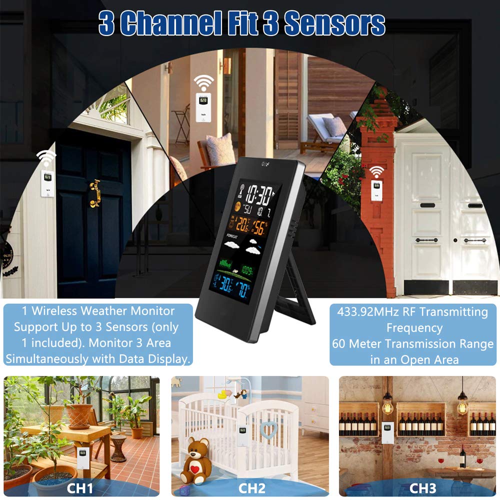 Wireless Weather Station Clock Indoor Outdoor Weather Forecaster with Sensor Digital Thermometer Humidity Barometric Pressure Ice Alert