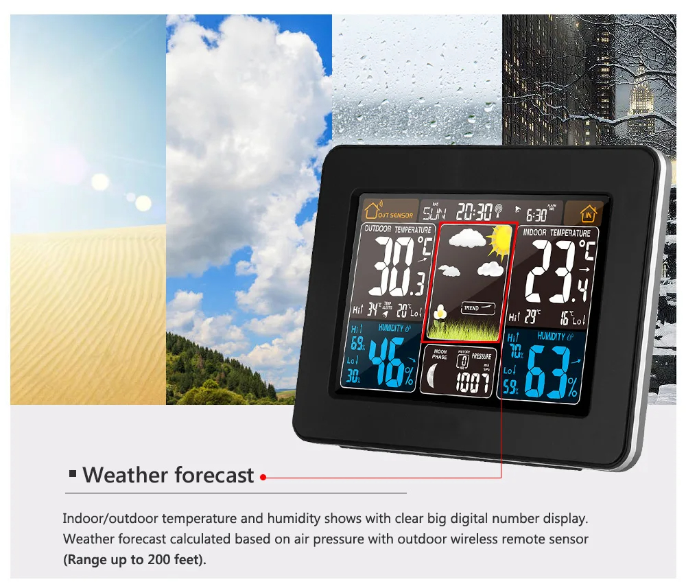 LCD Digital Wireless Weather Station Clock Indoor Outdoor Thermometer Forecast Humidity Calendar Alarm Clock Digital Thermometer Hygrometer Remote Sensor