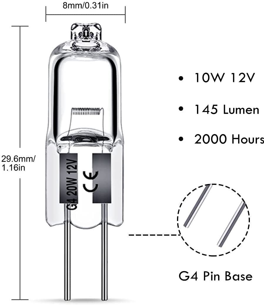 (10 Watts) G4 Halogen Light Bulbs 20W 12V Clear Capsule 2 Pin Lamp Bulb Halogen Pin Base Warm White Dimmable 10 Pack