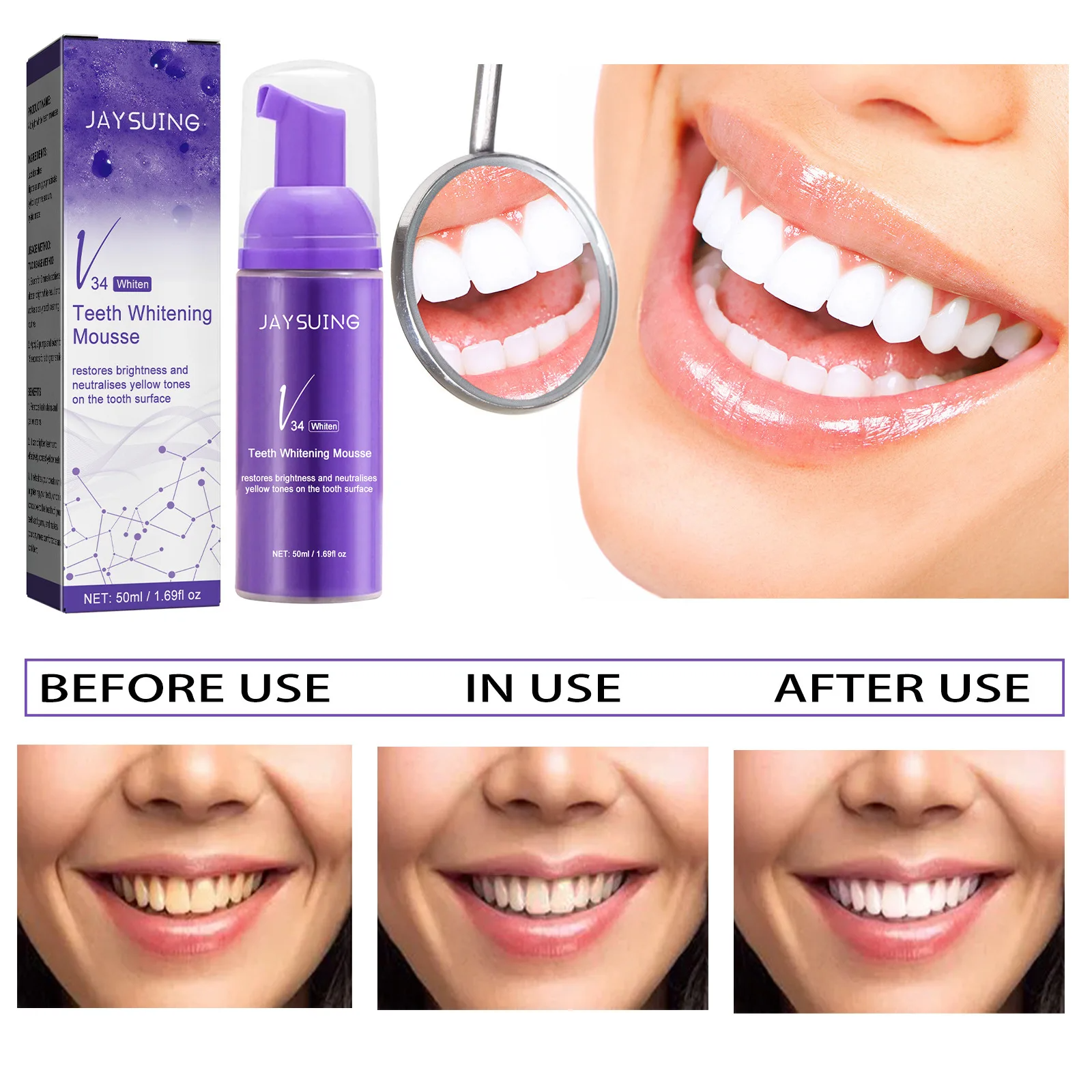 V34 Whitening Correcting Yellow Teeth Removing Stains Oral Cleaning Toothpaste White Teeth Mousse Foam Purple Whitening Cleaning Toothpaste Hygiene
