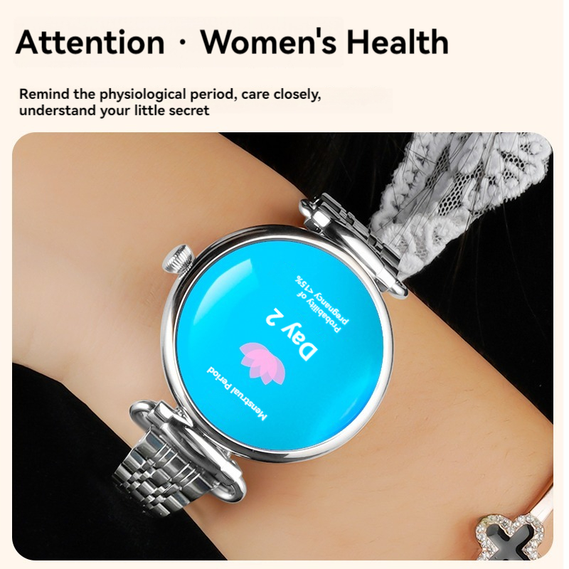 (Gold) Women Smart Watch 1.28 Inch AMOLED HD Screen 3D Gem Mirror Stainless Steel BT Call Female Security Period Blood Oxygen