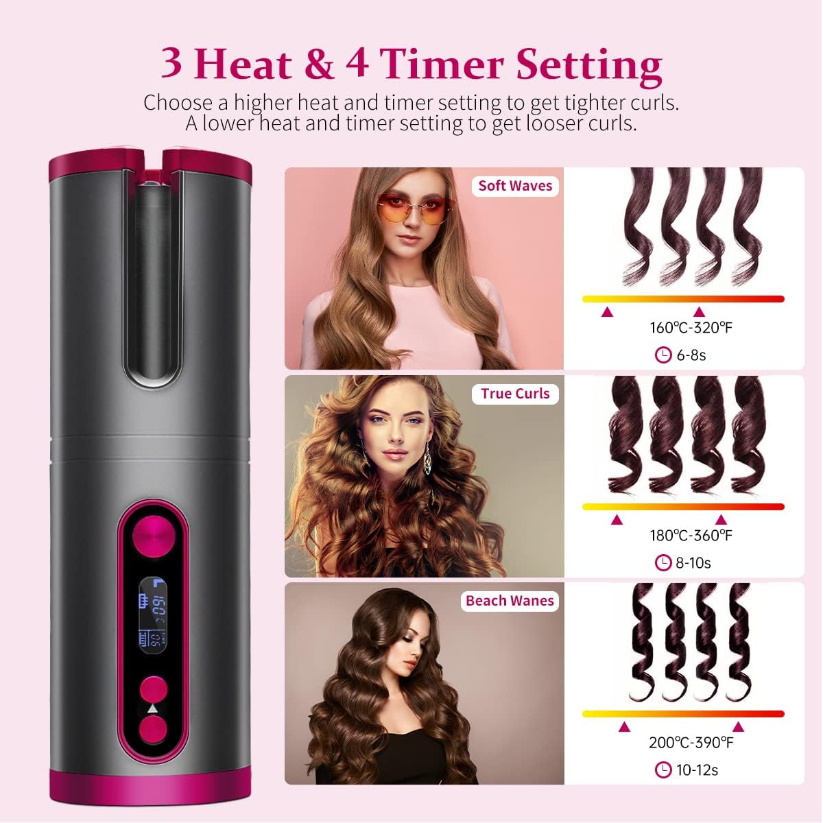 (Grey) Hair Curler Rotating Curling Tongs Curling Iron Cordless Auto Curler Restriction Rechargeable Ceramic Professional Hair Curler USB ChargingPortable
