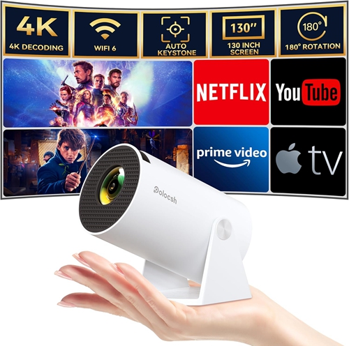 Mini Projector with WiFi BT Portable Projektor 4k Full HD1080P Support Auto Keystone Rotatable Smart Outdoor Projector with Android OS White