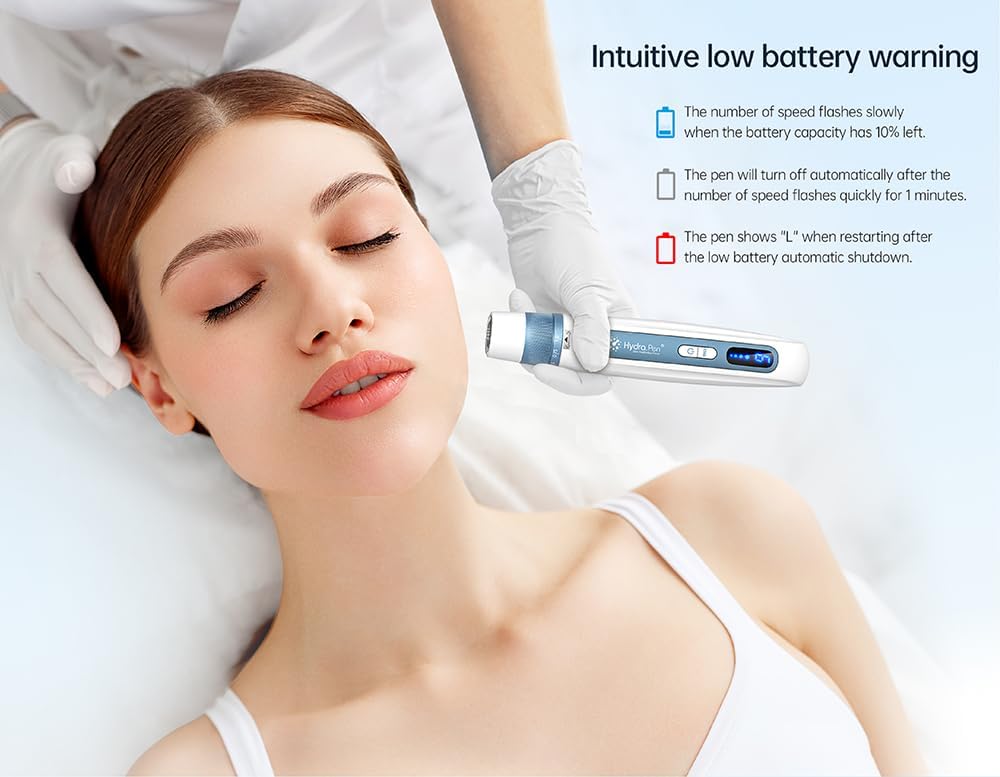 (Blue White) Hydra Pen H5 Professional Microneedling Kit Wireless Serum Applicator with EMS MicrocurrentLED Display Skin Care Device for Wrinkle Reduction Acne Scar Treatment 12 Replacement Cartridges