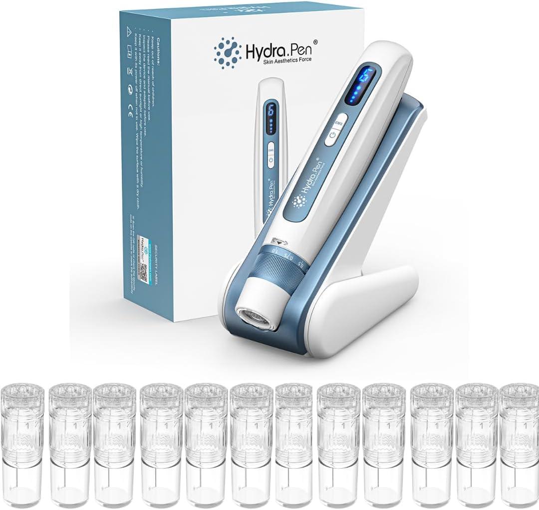 (Blue White) Hydra Pen H5 Professional Microneedling Kit Wireless Serum Applicator with EMS MicrocurrentLED Display Skin Care Device for Wrinkle Reduction Acne Scar Treatment 12 Replacement Cartridges