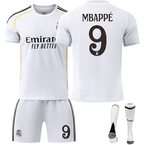 2526 Real Madrid Home No 9 Mbappe Kids Football Jersey Football Suit Soccer Jersey Shorts Set Football Kits Fans Gifts