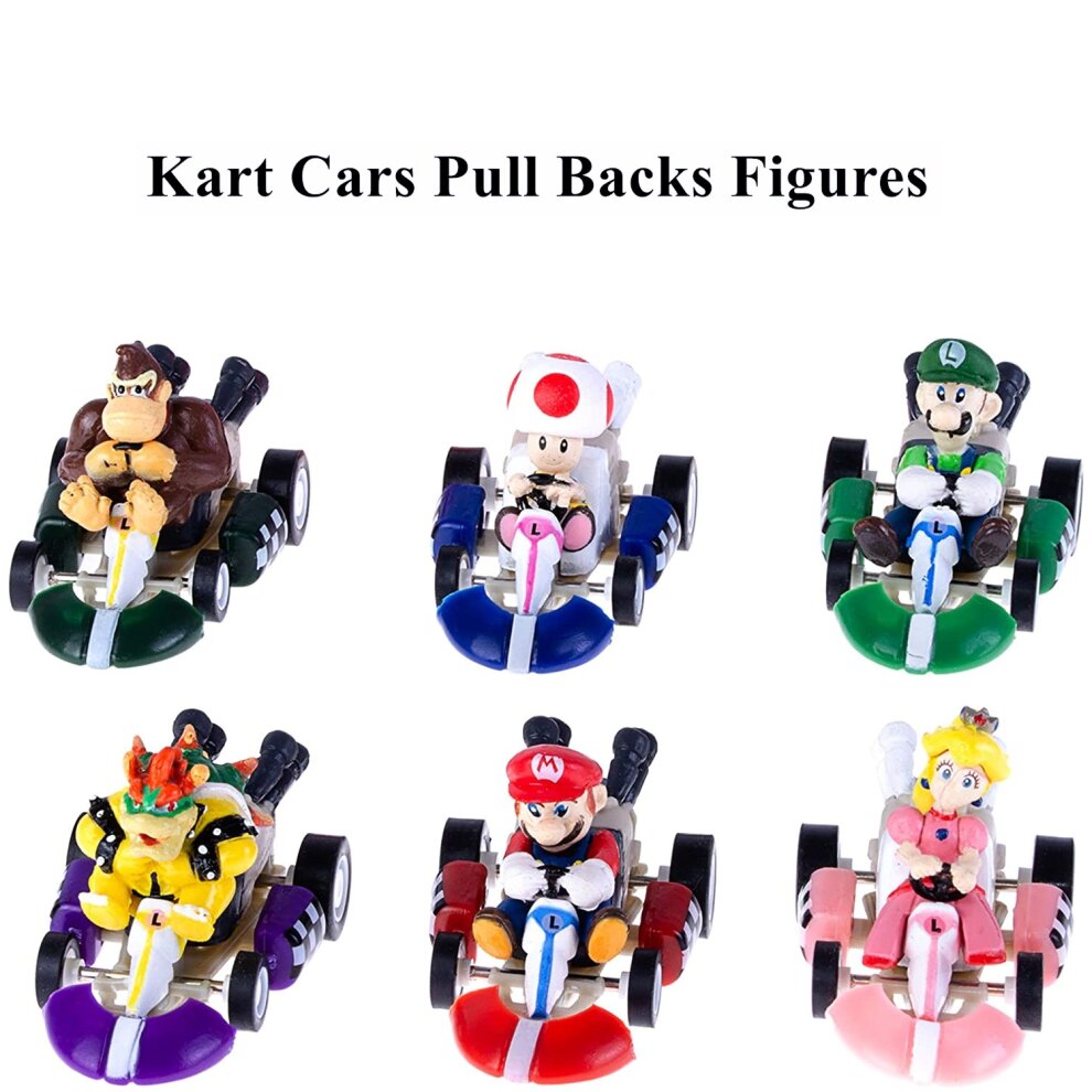 6pcs Mario Kart Cars Pull Backs Figures, Mario, Luigi, Princess Peach, Bowser, Toad, Don