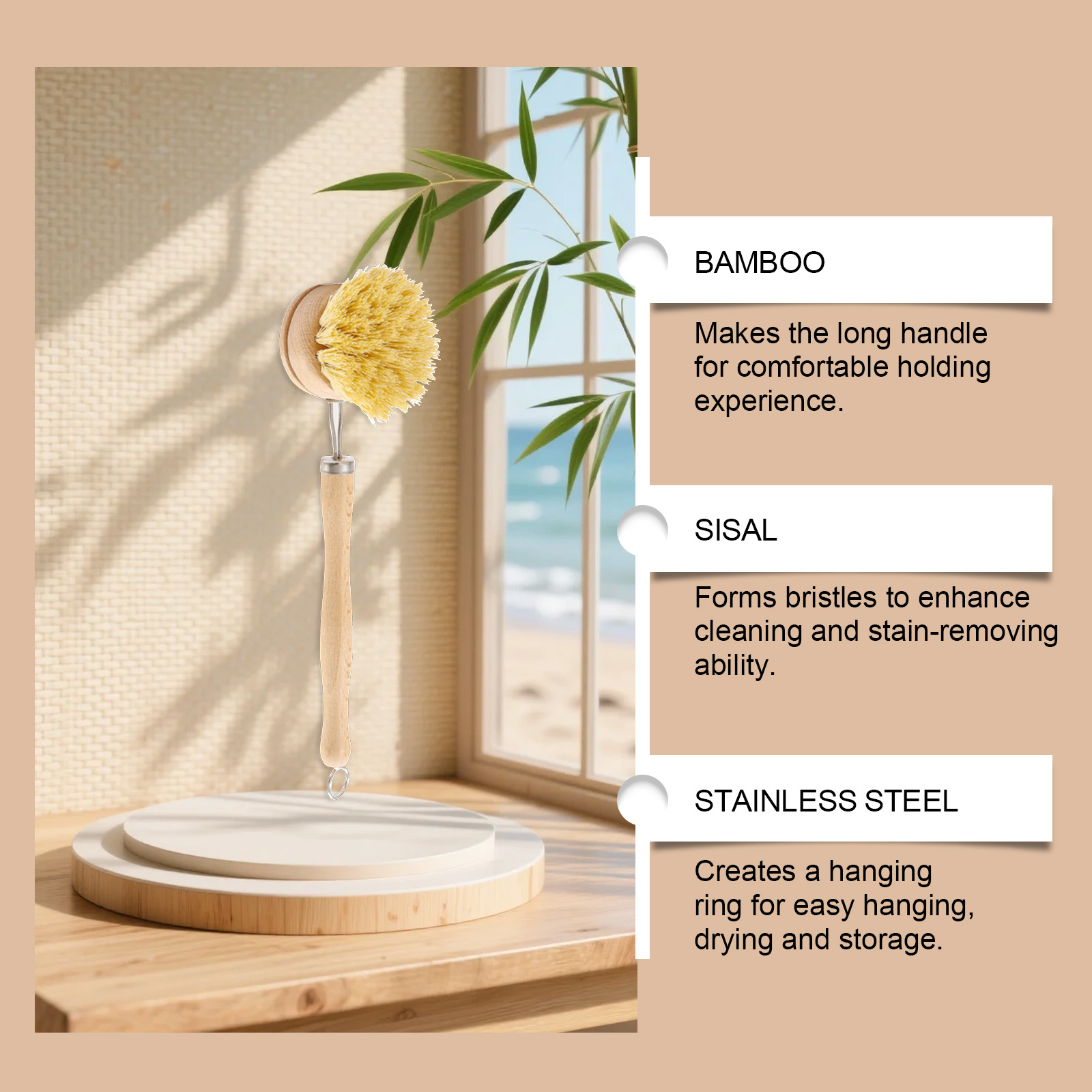 Bamboo Dish Brush Long Handle Hanging Multi Function Oil Stain Removal Household Kitchen Pot Bowl Cleaning Tool