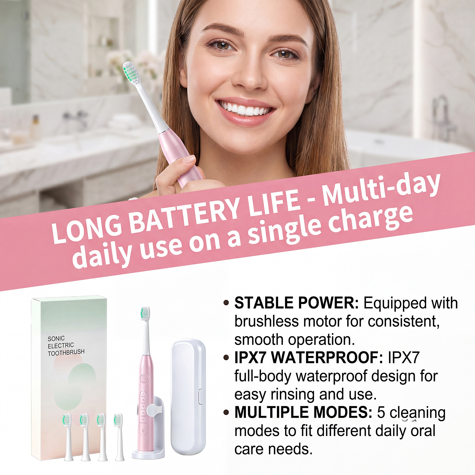 Electric Toothbrush Pink Four Brush Heads Usb Charging Soft Bristles Clean Tooth Stains Protect Gums