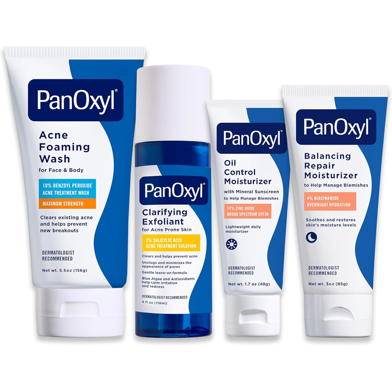 PanOxyl Complete Cleanse Manage Moisturize Bundle Acne Foaming Wash Benzoyl Peroxide Balancing Repair Moisturizer Oil Control Moisturizer Clarifying Exfoliant