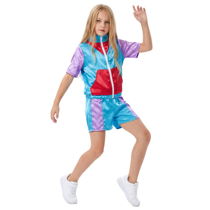 (150CM) 80s 90s Kids Disco Costumes Hip Hop Street Dance Leotards School Sports Short Sleeve Shorts Pop Dance Festival Performance Wear