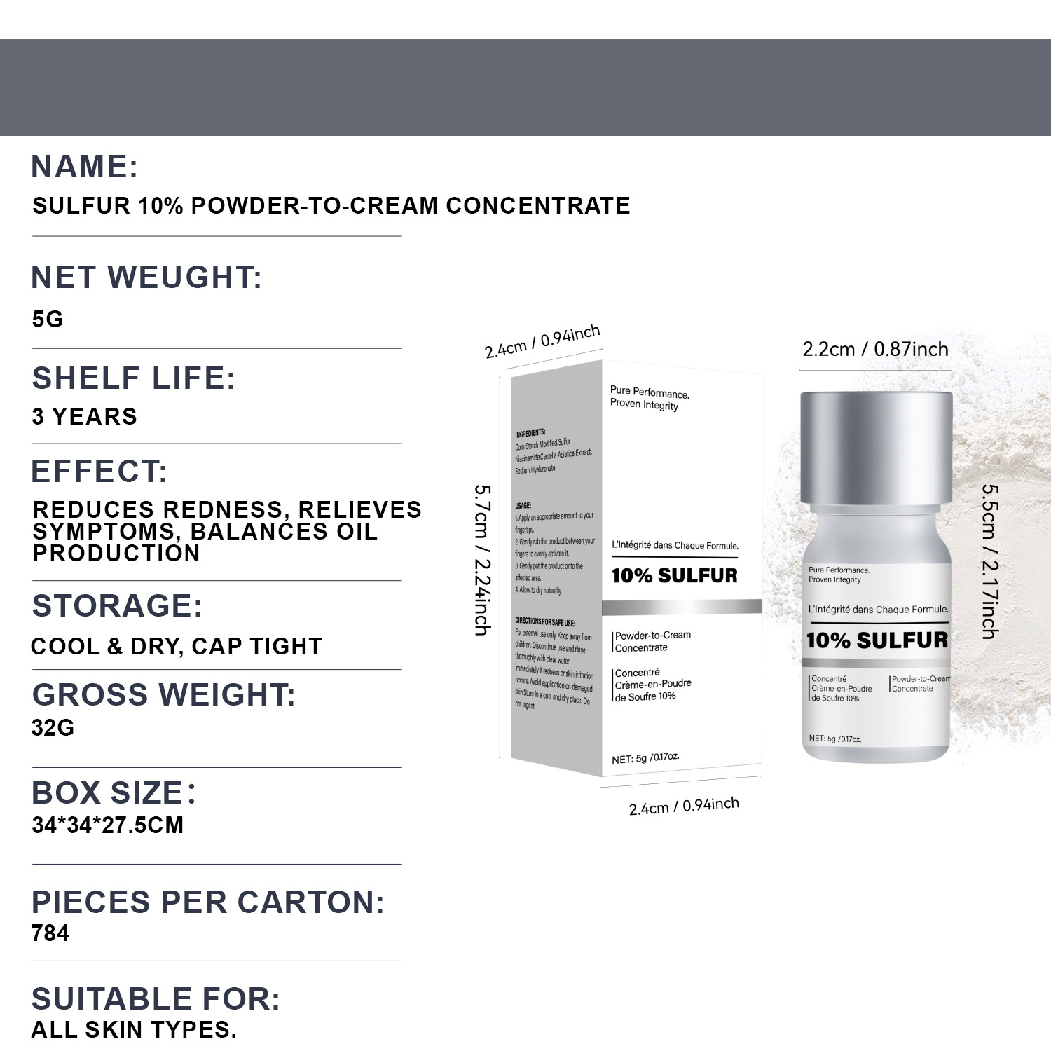 Sulfur 10 Percent Powder Concentrated Cream For Acne Prone Skin Clearing And Blemish Control Treatment 5g