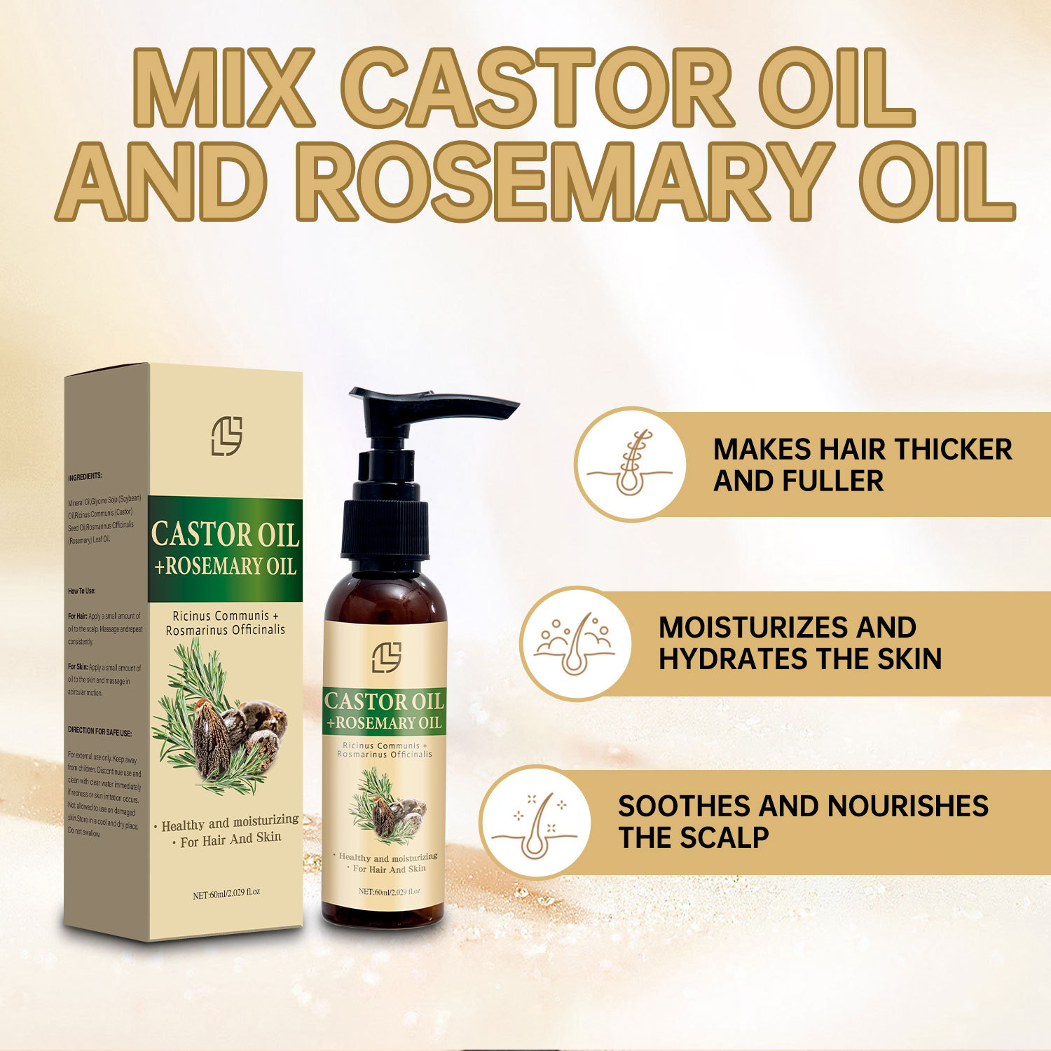 Castor Oil Rosemary Blend Hair And Body Oil Nourishing Strengthening For Scalp Skin And Strands Daily Care 60ml