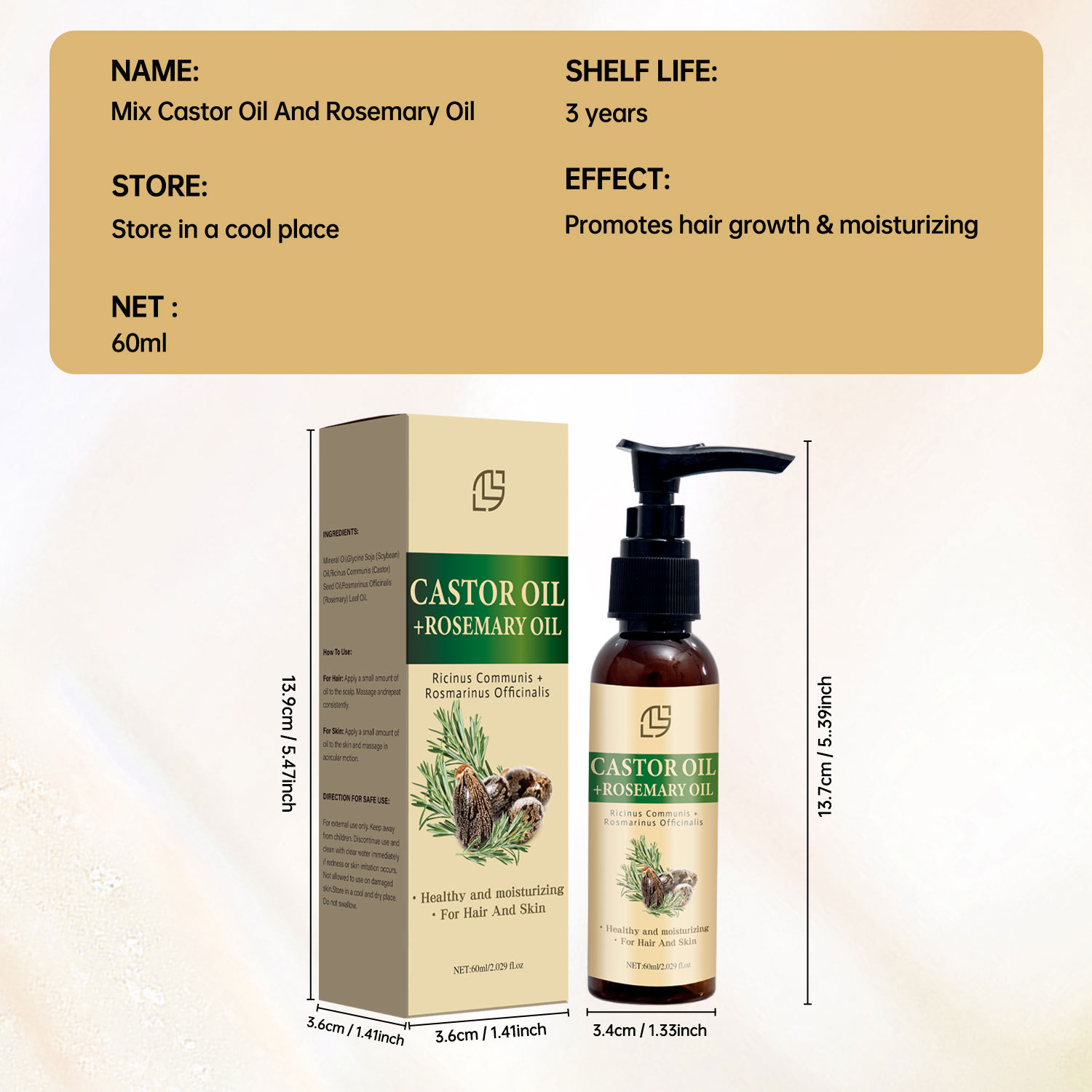 Castor Oil Rosemary Blend Hair And Body Oil Nourishing Strengthening For Scalp Skin And Strands Daily Care 60ml