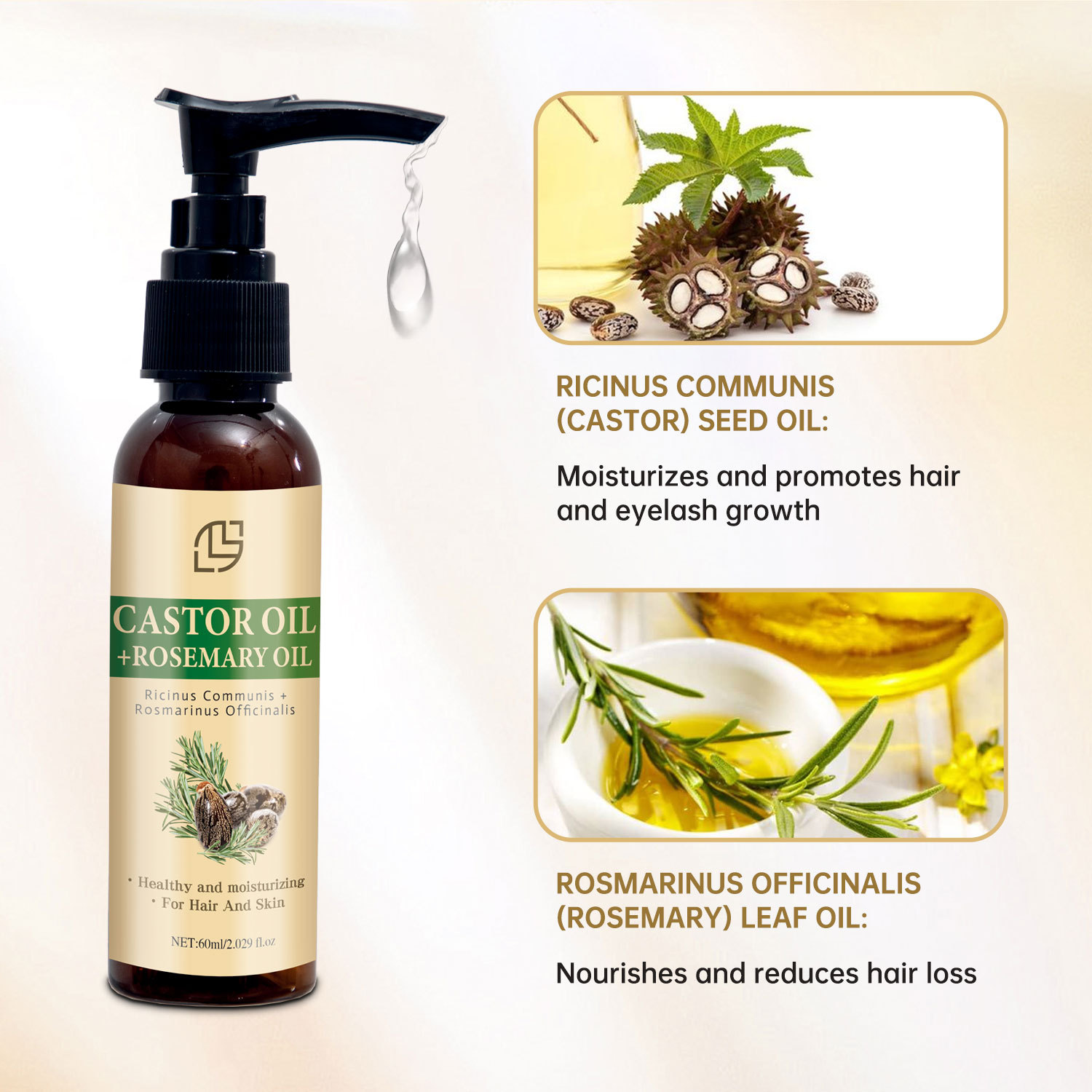 Castor Oil Rosemary Blend Hair And Body Oil Nourishing Strengthening For Scalp Skin And Strands Daily Care 60ml