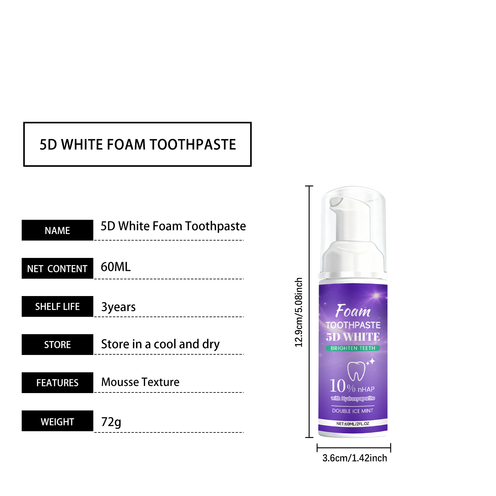Five D Whitening Foam Toothpaste Mild Clean Fresh Shiny Breath Care Oral Clean Teeth Protection Daily Dental Maintain