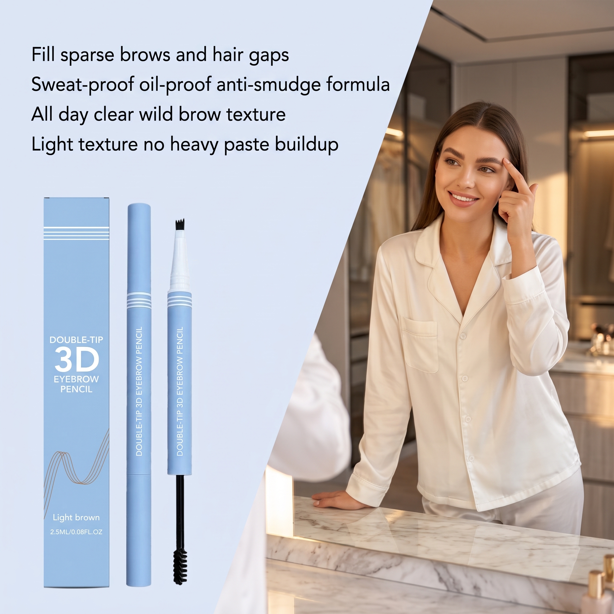 Dual Head 3D Eyebrow Pencil Light Brown Daily Outline Individual Hair Natural Color Stereo Smooth Eyebrow Tool