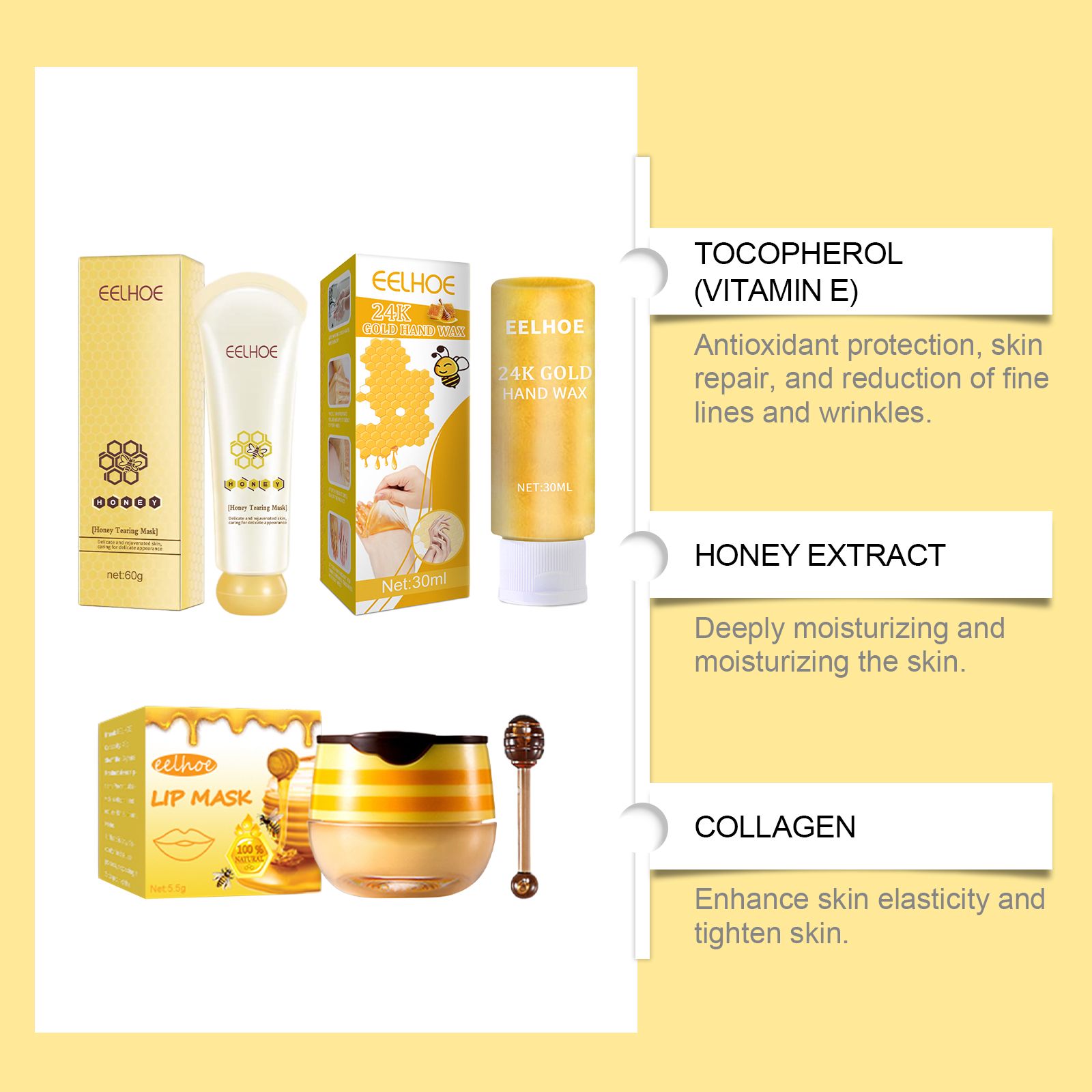 Honey Moisturizing Exfoliating Set With Lip Mask Face Mask And Hand Mask