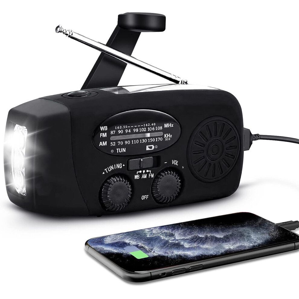 Portable Solar Radio with 2000mAh Power Bank Hand Crank Dynamo AM FM NOAA Weather Radio Emergency Flashlight USB Phone Charger
