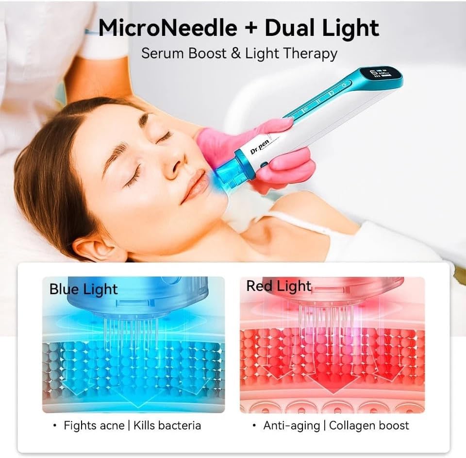 Dr Pen H6 Wireless Skin Renewal Pen with LED Light Dual Power LED Display 2 Cartridges Skin Rejuvenation Boosts Serum Absorption Home Face Beauty Device Blue