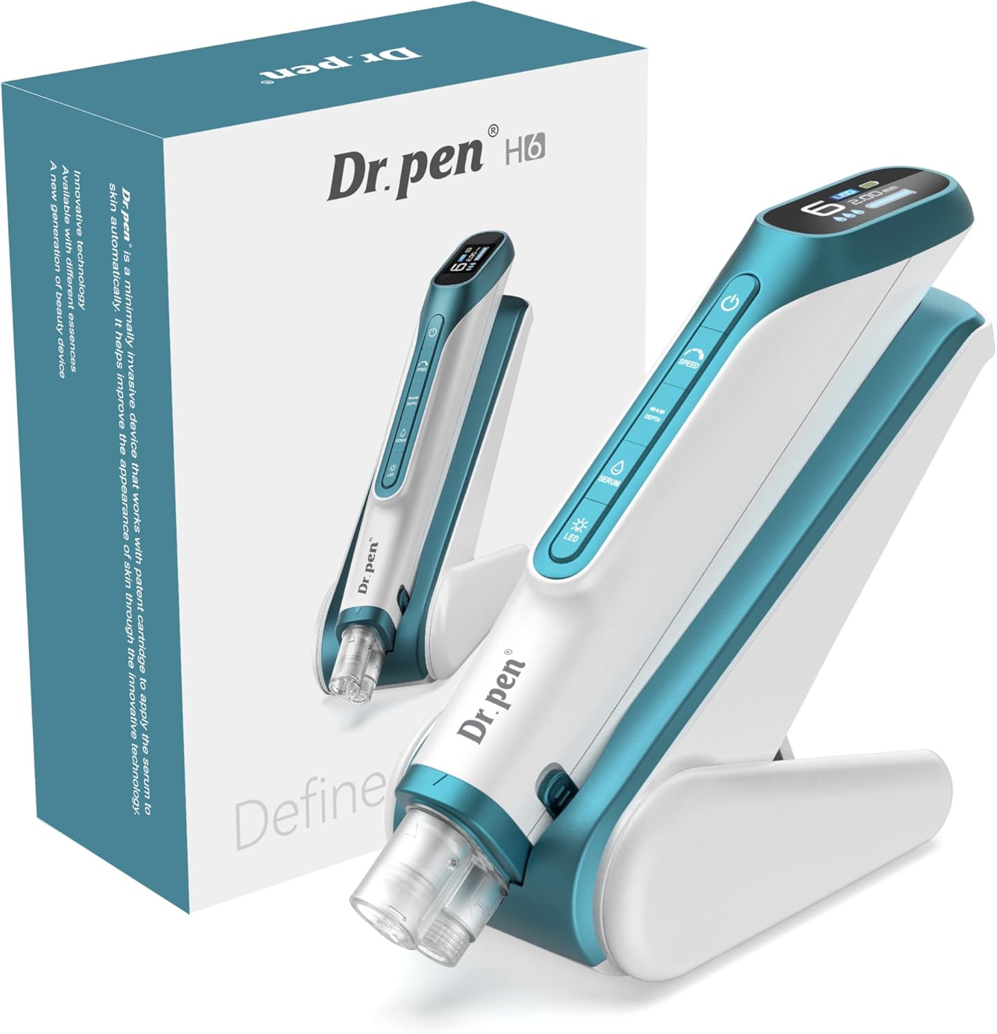 Dr Pen H6 Wireless Skin Renewal Pen with LED Light Dual Power LED Display 2 Cartridges Skin Rejuvenation Boosts Serum Absorption Home Face Beauty Device Blue