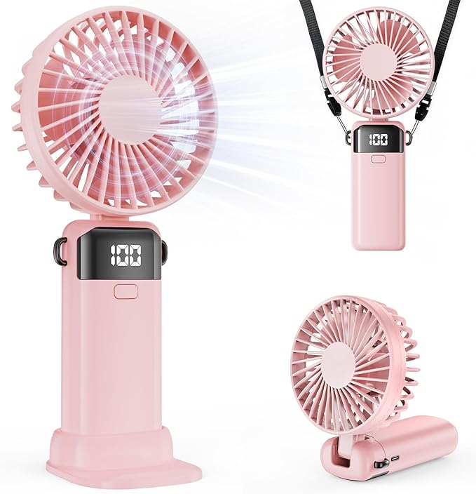 (Pink) Portable Handheld Fan, Hand Held Mini USB Rechargeable Fans with 5 Speeds, LED Display, Foldable Desk Fan Personal Small Desktop Fans for Home Office Bedroom Ou