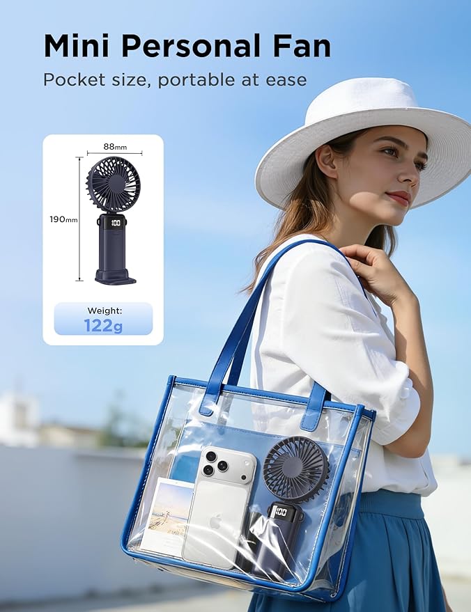 (Blue) Portable Handheld Fan, Hand Held Mini USB Rechargeable Fans with 5 Speeds, LED Display, Foldable Desk Fan Personal Small Desktop Fans for Home Office Bedroom Ou
