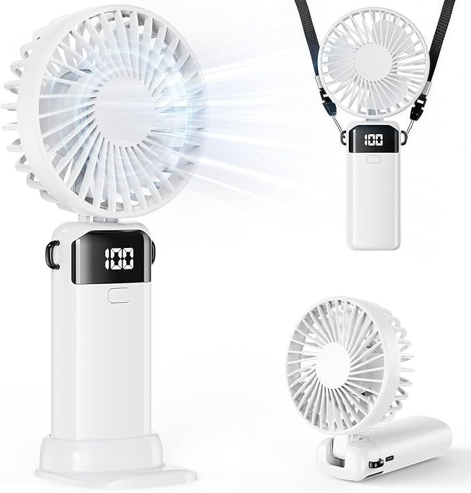 (White) Portable Handheld Fan, Hand Held Mini USB Rechargeable Fans with 5 Speeds, LED Display, Foldable Desk Fan Personal Small Desktop Fans for Home Office Bedroom Ou