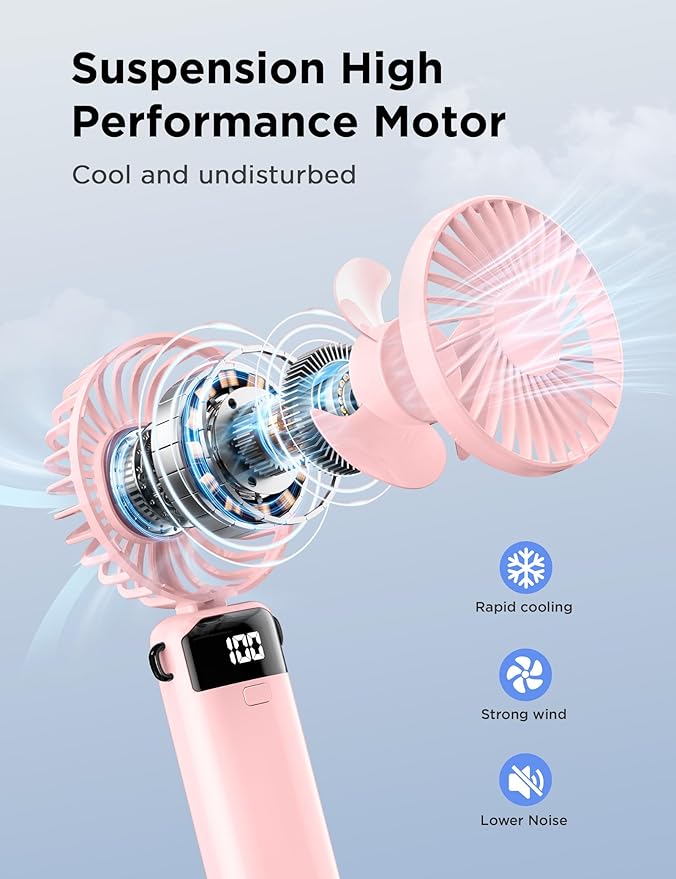 (Pink) Portable Handheld Fan, Hand Held Mini USB Rechargeable Fans with 5 Speeds, LED Display, Foldable Desk Fan Personal Small Desktop Fans for Home Office Bedroom Ou