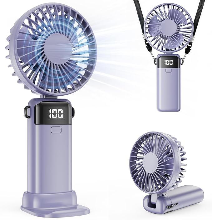 (Purple) Portable Handheld Fan, Hand Held Mini USB Rechargeable Fans with 5 Speeds, LED Display, Foldable Desk Fan Personal Small Desktop Fans for Home Office Bedroom Ou