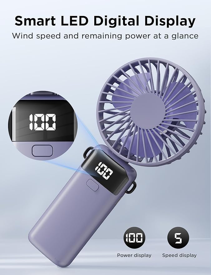 (Purple) Portable Handheld Fan, Hand Held Mini USB Rechargeable Fans with 5 Speeds, LED Display, Foldable Desk Fan Personal Small Desktop Fans for Home Office Bedroom Ou