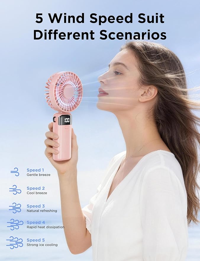 (Pink) Portable Handheld Fan, Hand Held Mini USB Rechargeable Fans with 5 Speeds, LED Display, Foldable Desk Fan Personal Small Desktop Fans for Home Office Bedroom Ou