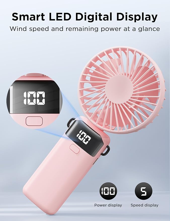 (Pink) Portable Handheld Fan, Hand Held Mini USB Rechargeable Fans with 5 Speeds, LED Display, Foldable Desk Fan Personal Small Desktop Fans for Home Office Bedroom Ou