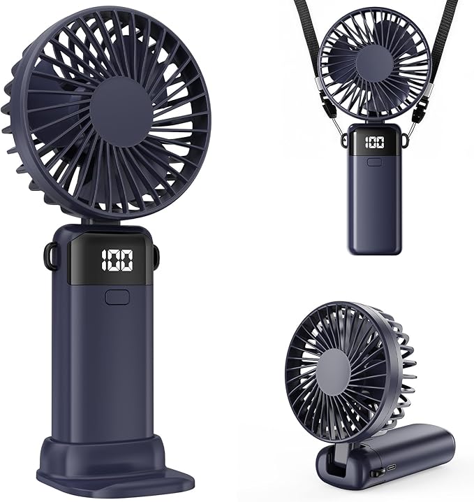 (Blue) Portable Handheld Fan, Hand Held Mini USB Rechargeable Fans with 5 Speeds, LED Display, Foldable Desk Fan Personal Small Desktop Fans for Home Office Bedroom Ou
