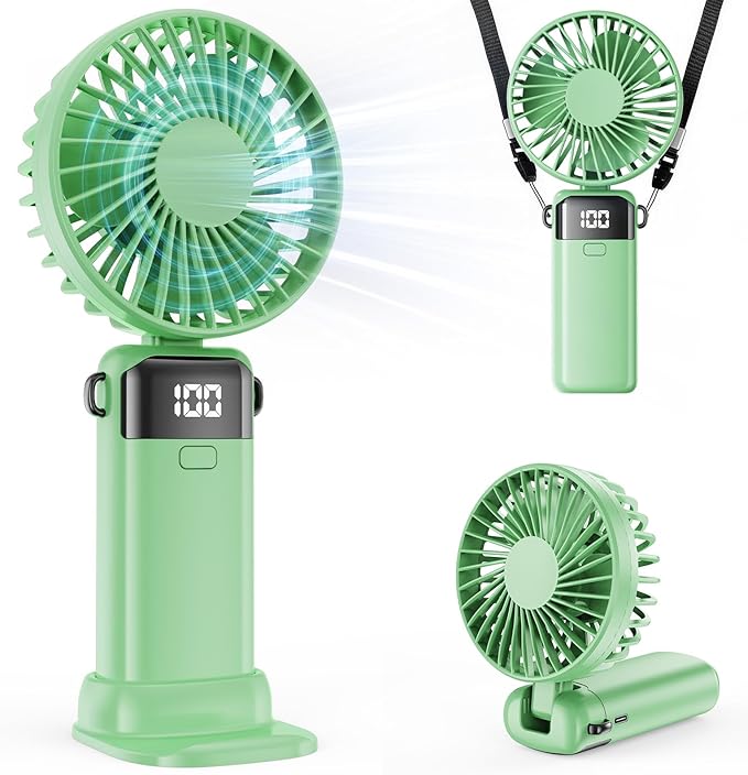(Green) Portable Handheld Fan, Hand Held Mini USB Rechargeable Fans with 5 Speeds, LED Display, Foldable Desk Fan Personal Small Desktop Fans for Home Office Bedroom Ou