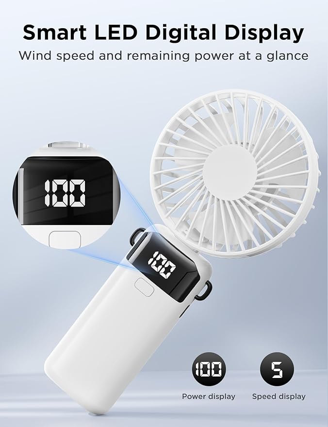 (White) Portable Handheld Fan, Hand Held Mini USB Rechargeable Fans with 5 Speeds, LED Display, Foldable Desk Fan Personal Small Desktop Fans for Home Office Bedroom Ou