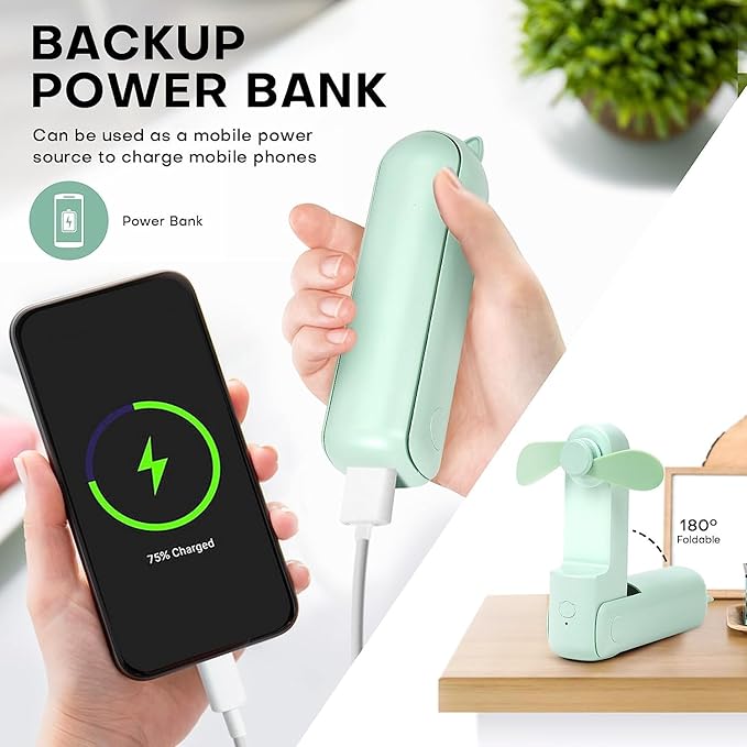 (Green) Portable Mini Fan, USB Rechargeable, 3-speed Adjustable, Foldable Handheld Fan, Suitable for Women, Travel, Outdoor Use ﻿