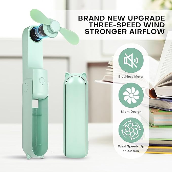 (Green) Portable Mini Fan, USB Rechargeable, 3-speed Adjustable, Foldable Handheld Fan, Suitable for Women, Travel, Outdoor Use ﻿