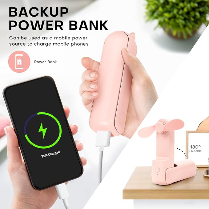 (Pink) Portable Mini Fan, USB Rechargeable, 3-speed Adjustable, Foldable Handheld Fan, Suitable for Women, Travel, Outdoor Use ﻿