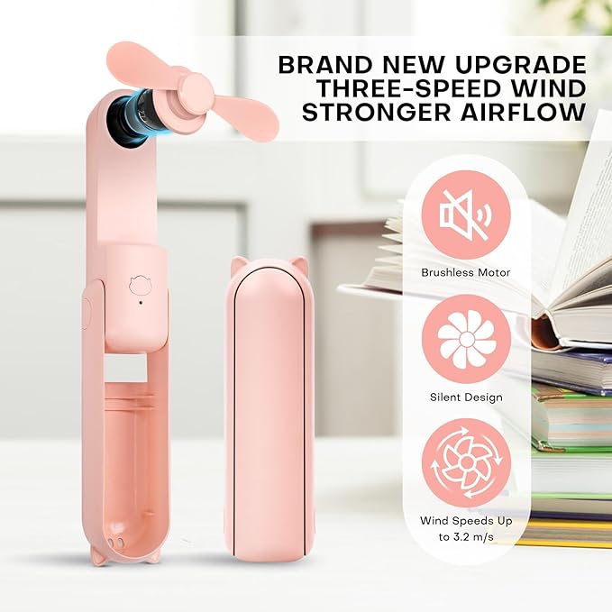 (Pink) Portable Mini Fan, USB Rechargeable, 3-speed Adjustable, Foldable Handheld Fan, Suitable for Women, Travel, Outdoor Use ﻿