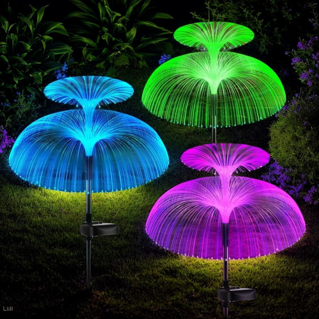Solar Lights Outdoor Garden 3 Pack 7 Color Changing Solar Garden Lights Waterproof Double Star Jellyfish Decorative for Christmas Yard Pathway Lawn Party Terrac