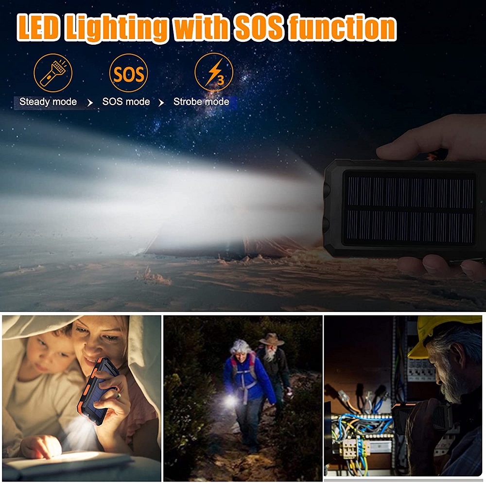 (Black) Solar Power Bank 80000mAh Portable Charging Poverbank External Battery Charger Strong Light LDE Light for All Smartphones